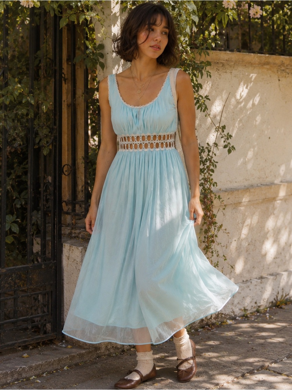 Vintage 60s Chiffon Maxi Nightgown Dress Empire Waist Fairycore Romantic PTP 17”